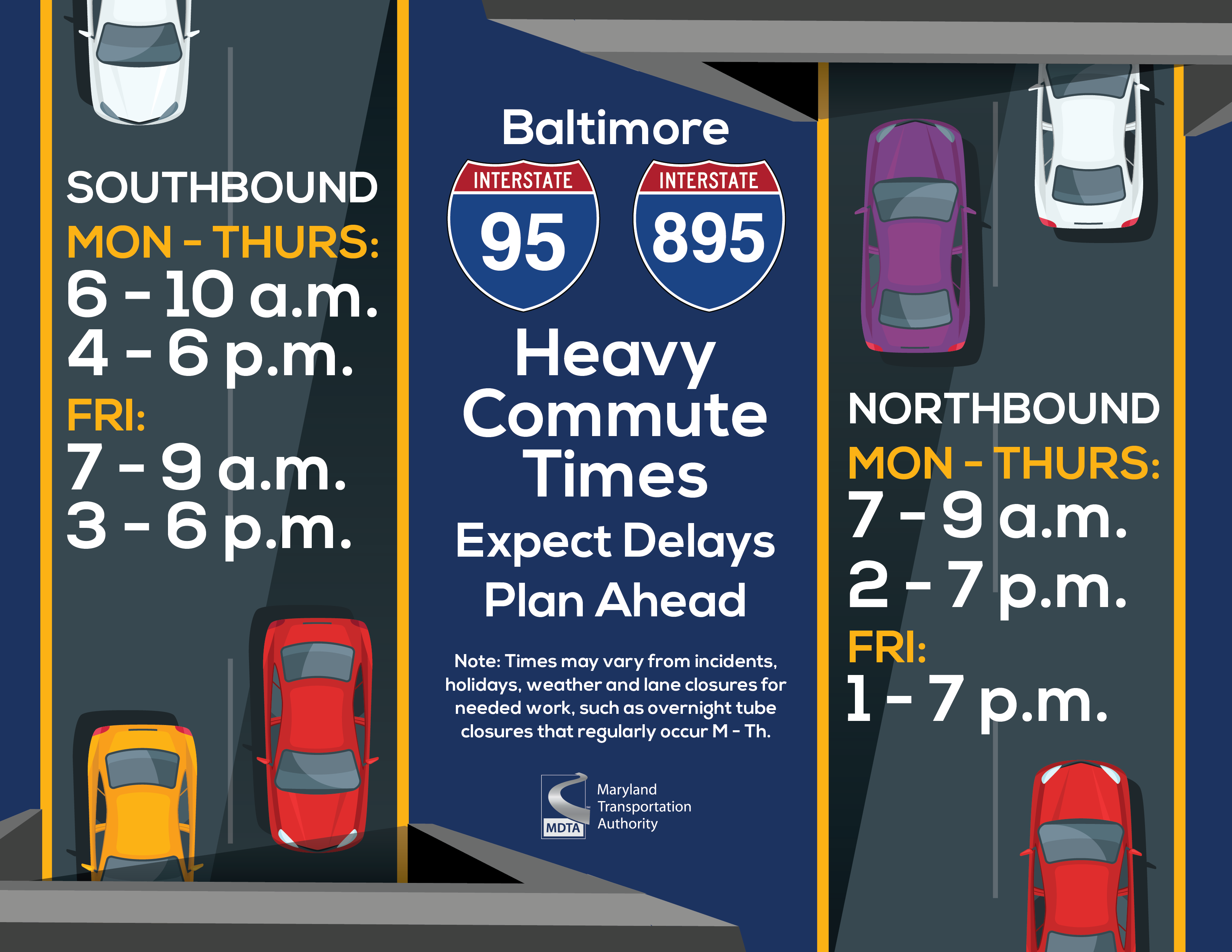 South Bound: Mon - Thurs: 6-10 a.m., 4-6 p.m., Fri: 7-9 a.m., 3-9 p.m., Baltimore Heavy Commute Times Expect Delays Plan Ahead, Note: Times may vary from Incidents, holidays, weather and lane closures for needed work, such as overnight tube closures that regularly occur M - Th., North Bound: Mon - Thurs: 7-9 am. 2- 7 pm. Fri: 1-7 pm.