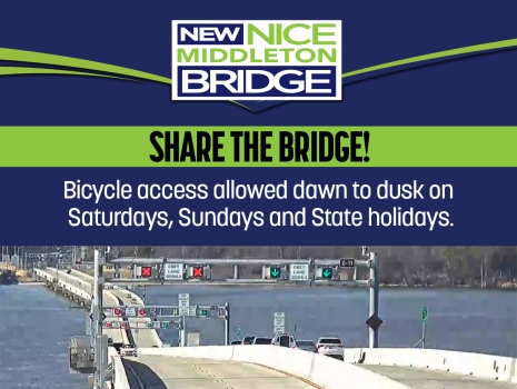 Share the Bridge! Bicycle access allowed dawn to dusk on Saturdays, Sunday and State Holidays.